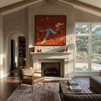 Rust Sofa Holds Distance - reclining cowboy sofa painting by Ethan Mercer, contemporary Western square wall art – styled room scene view 4
