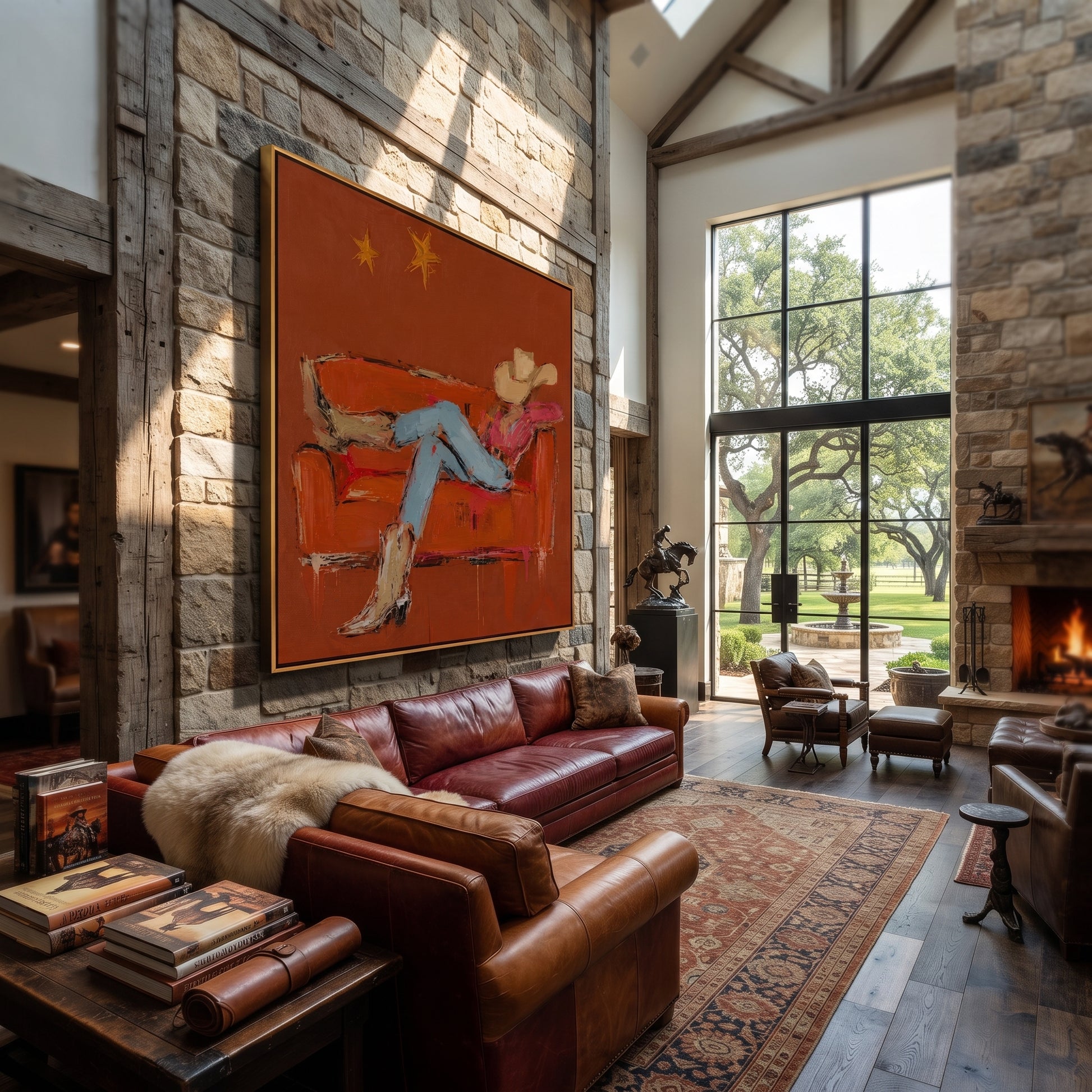 Rust Sofa Holds Distance - reclining cowboy sofa painting by Ethan Mercer, contemporary Western square wall art – styled room scene view 5