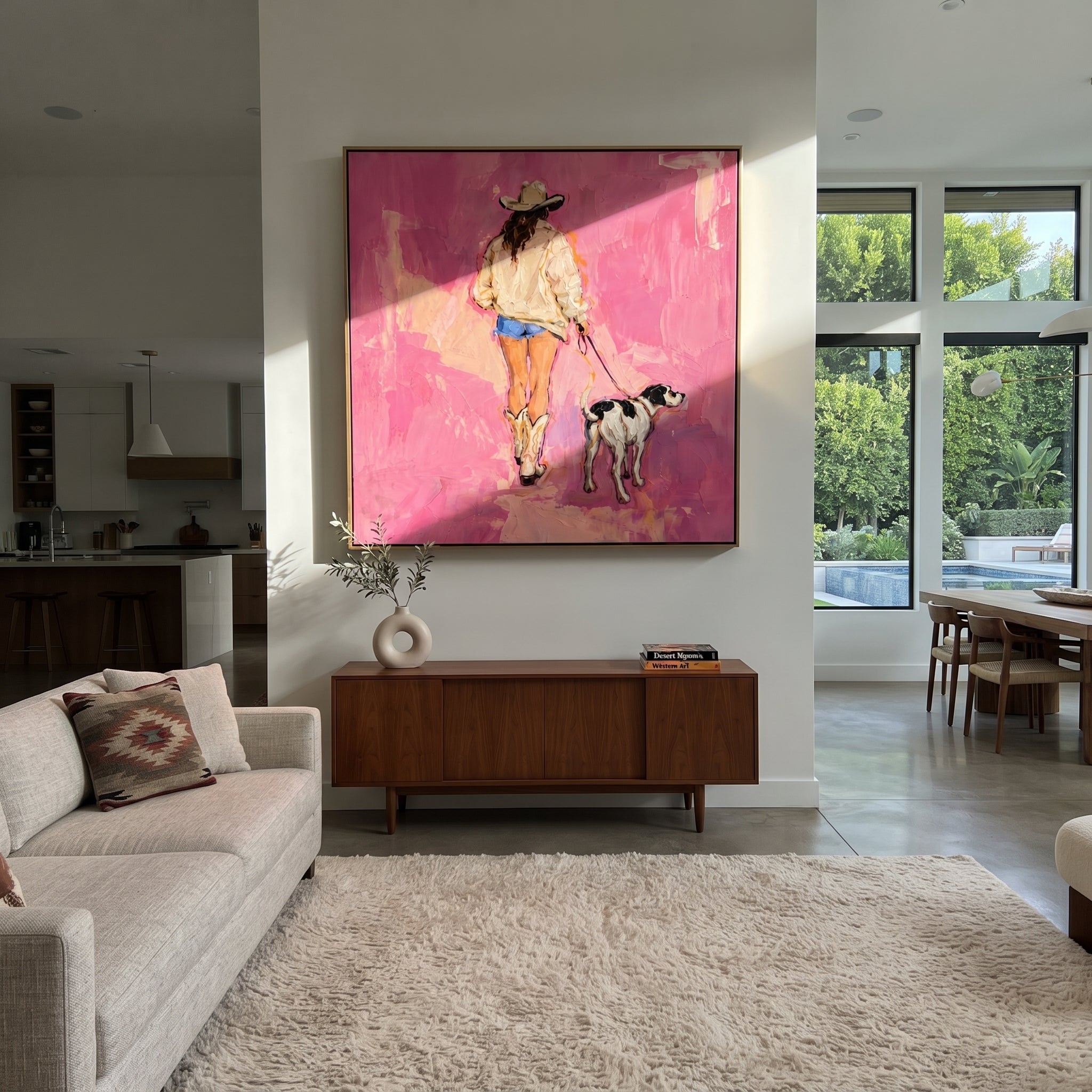 Pink Road Walks Together - cowgirl walking dog painting by Ethan Mercer, contemporary Western square wall art – styled room scene view 1