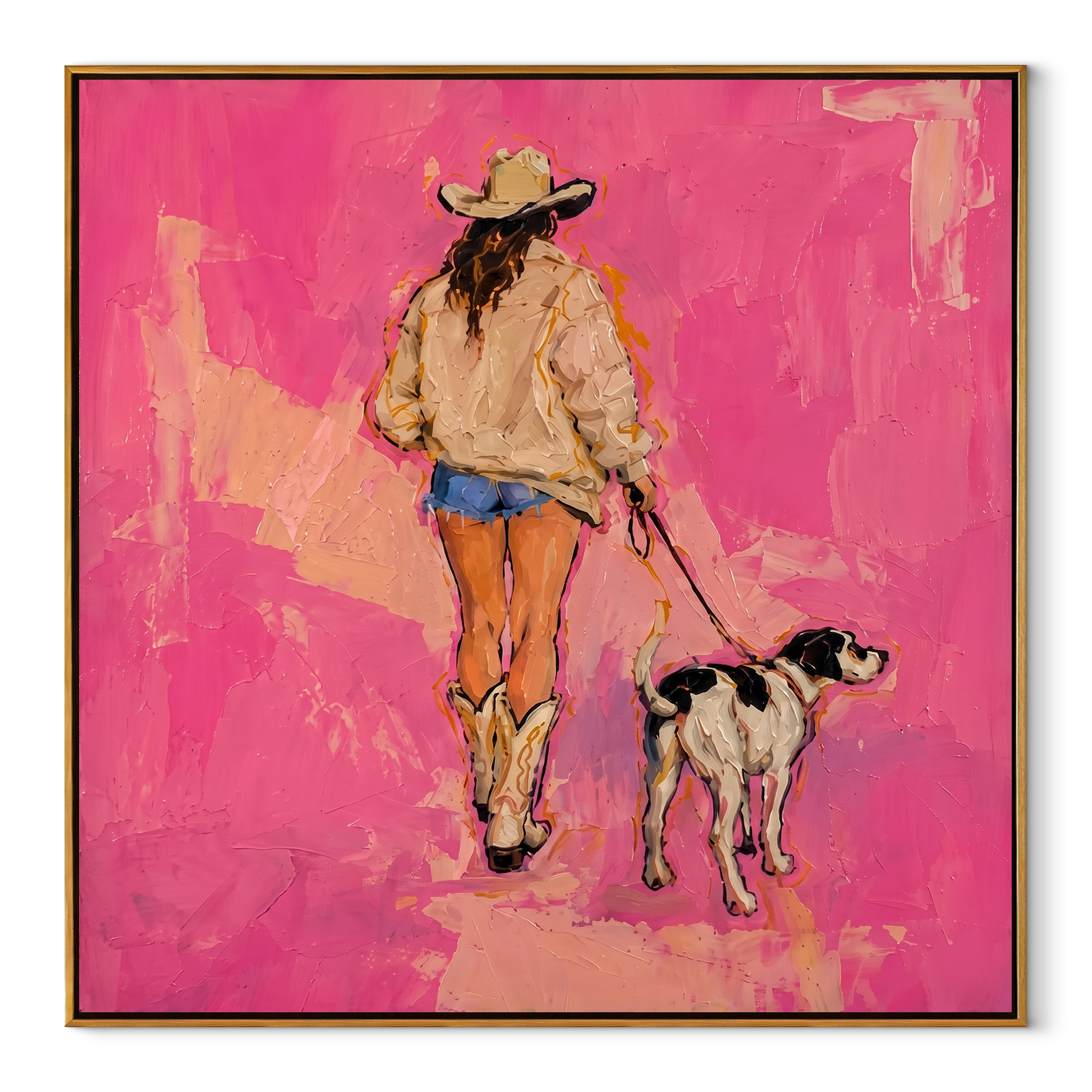 Pink Road Walks Together - cowgirl walking dog painting by Ethan Mercer, contemporary Western square wall art – wood frame on white background