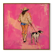 Pink Road Walks Together - cowgirl walking dog painting by Ethan Mercer, contemporary Western square wall art – wood frame on white background