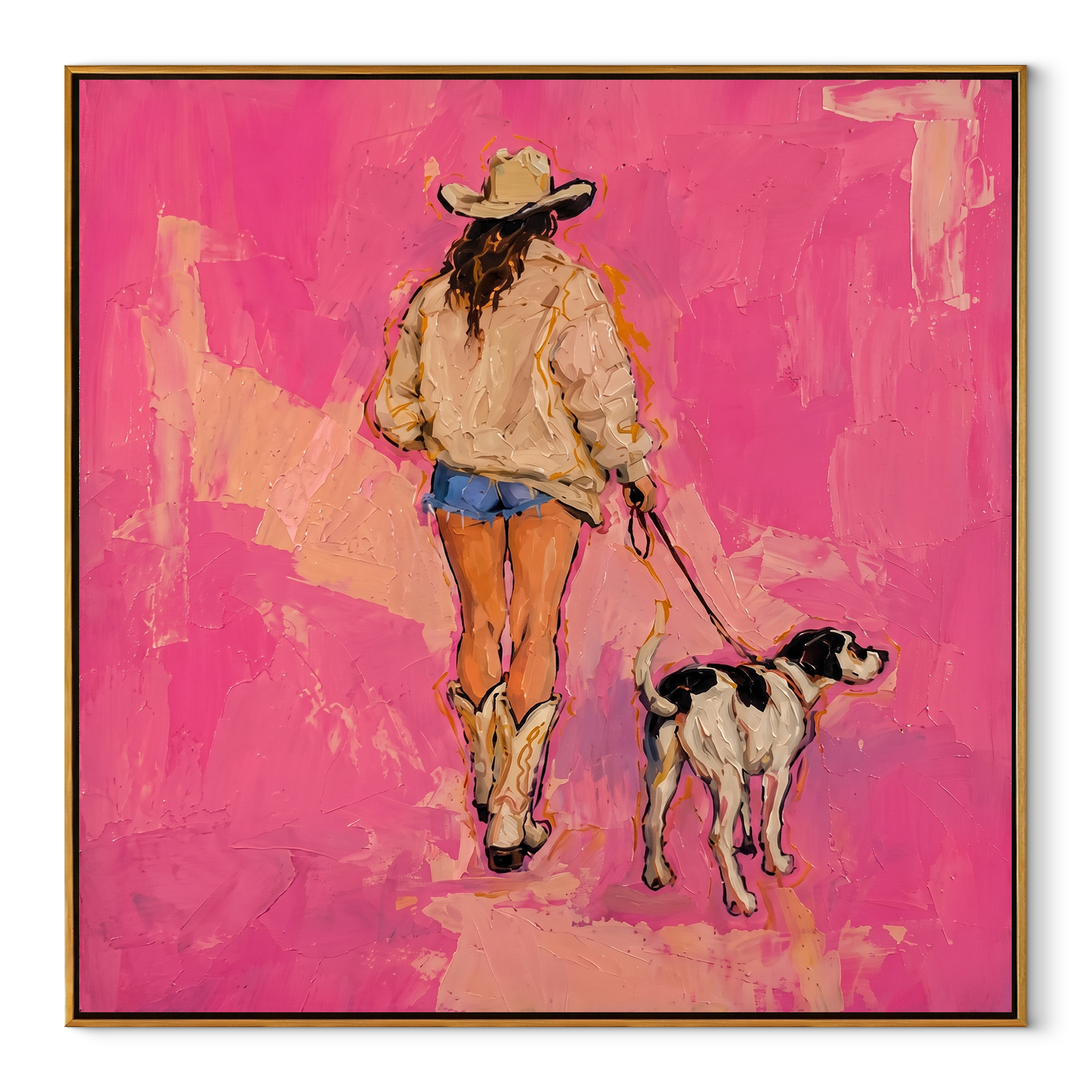 Pink Road Walks Together - cowgirl walking dog painting by Ethan Mercer, contemporary Western square wall art – wood frame on white background