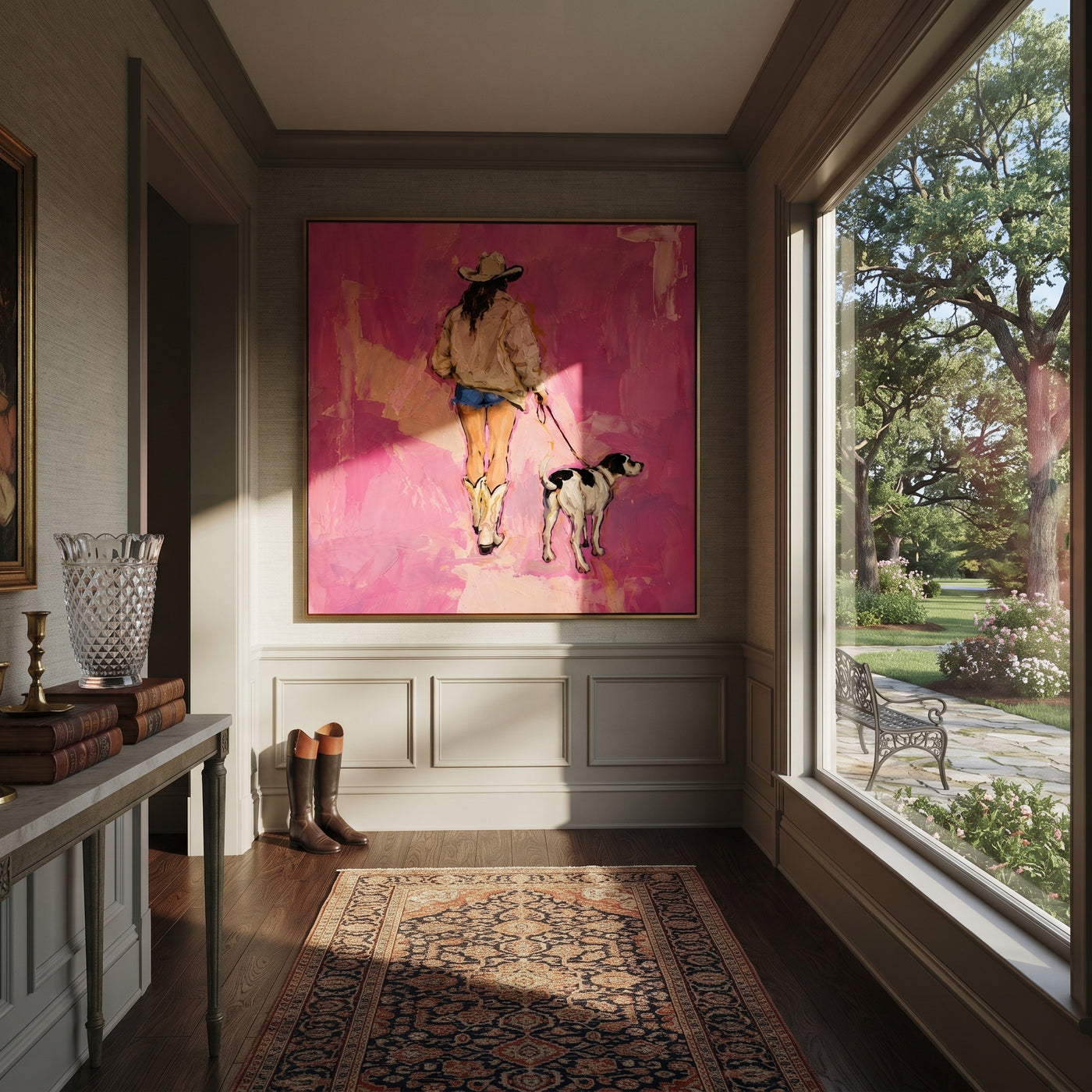 Pink Road Walks Together - cowgirl walking dog painting by Ethan Mercer, contemporary Western square wall art – styled room scene view 3