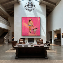 Pink Road Walks Together - cowgirl walking dog painting by Ethan Mercer, contemporary Western square wall art – styled room scene view 4