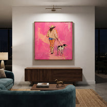 Pink Road Walks Together - cowgirl walking dog painting by Ethan Mercer, contemporary Western square wall art – styled room scene view 5