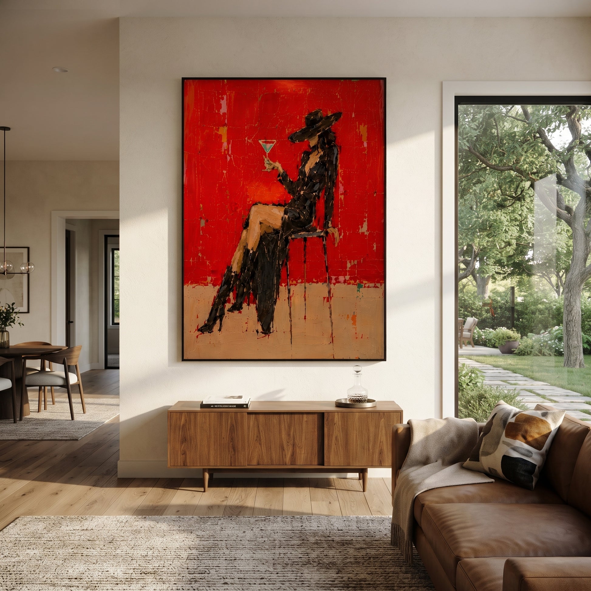 Black Lace Raises Glass - elegant cowgirl martini painting by Ethan Mercer, contemporary Western vertical wall art – styled room scene view 1