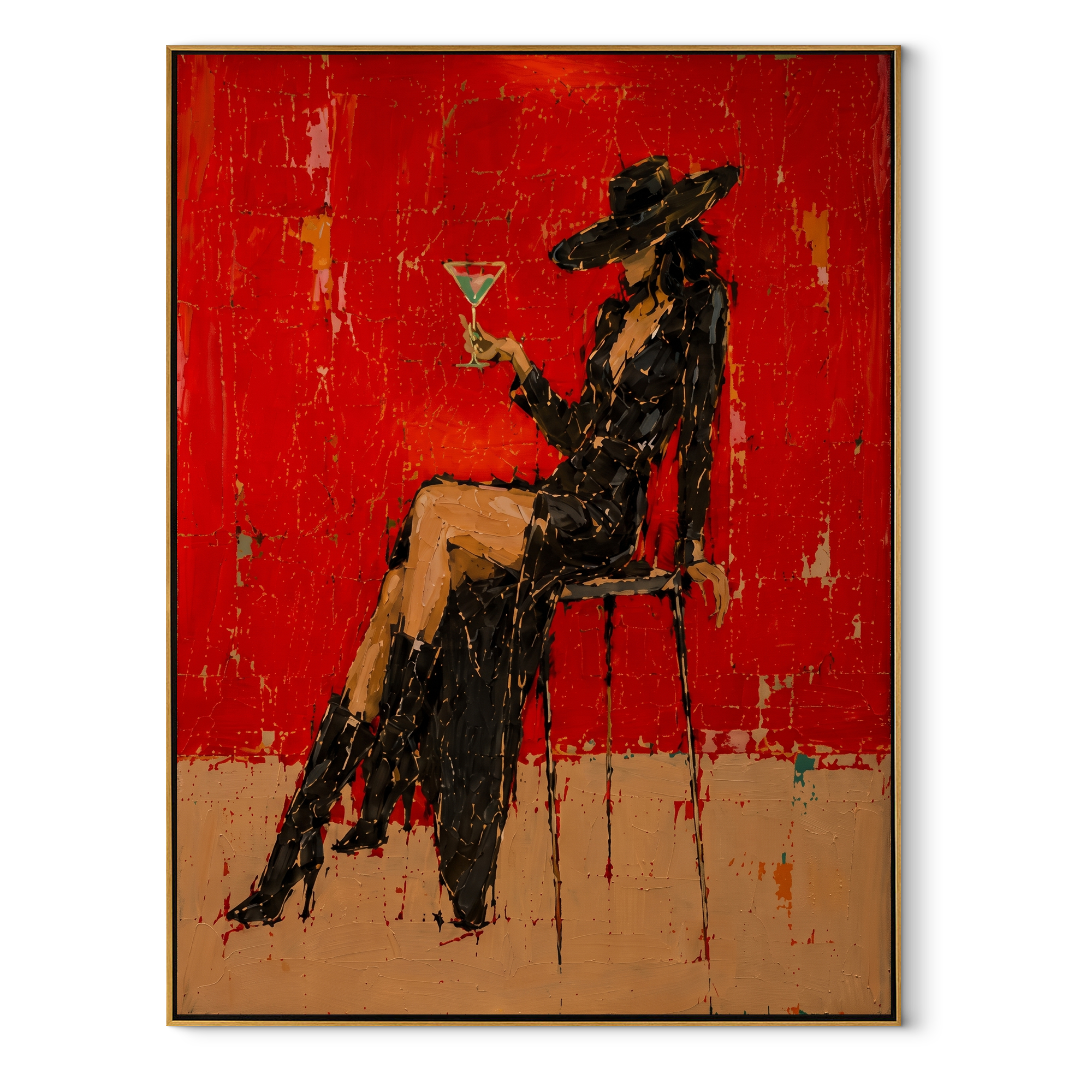 Black Lace Raises Glass - elegant cowgirl martini painting by Ethan Mercer, contemporary Western vertical wall art – wood frame on white background