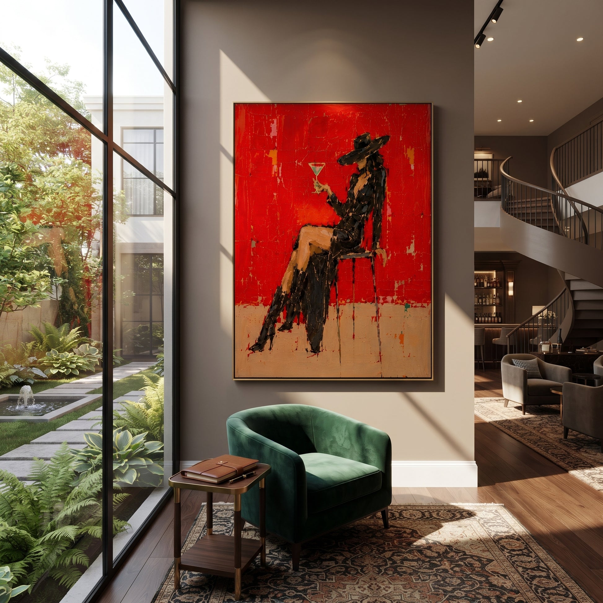 Black Lace Raises Glass - elegant cowgirl martini painting by Ethan Mercer, contemporary Western vertical wall art – styled room scene view 2