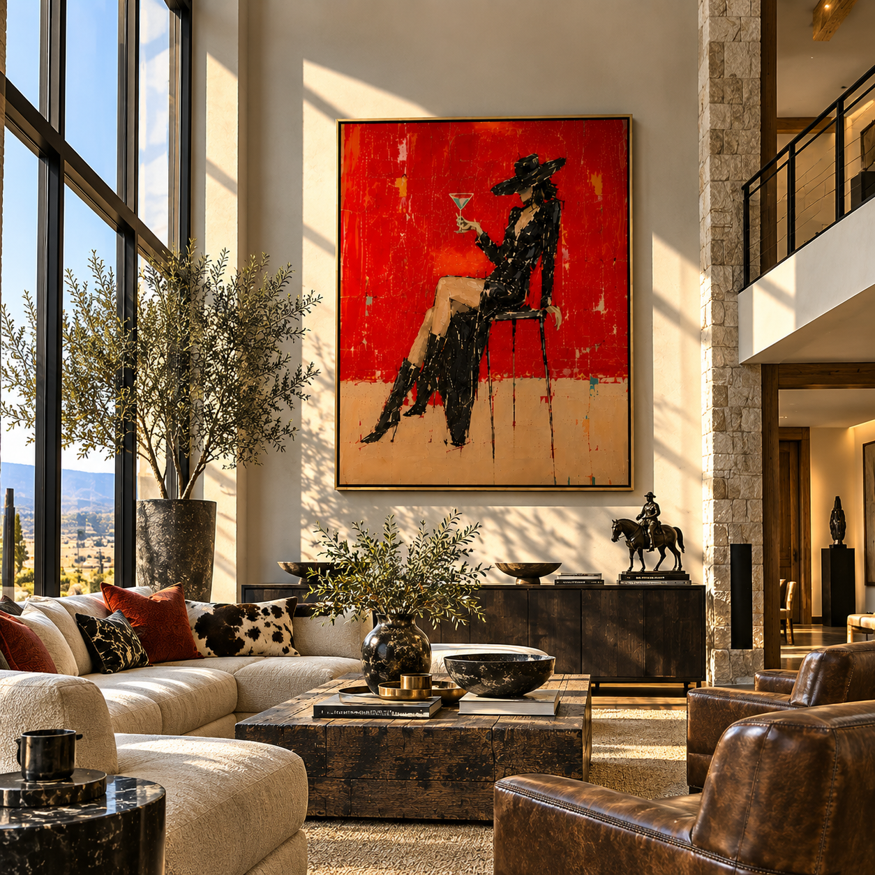 Black Lace Raises Glass - elegant cowgirl martini painting by Ethan Mercer, contemporary Western vertical wall art – styled room scene view 3