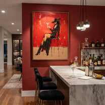 Black Lace Raises Glass - elegant cowgirl martini painting by Ethan Mercer, contemporary Western vertical wall art – styled room scene view 4