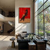 Black Lace Raises Glass - elegant cowgirl martini painting by Ethan Mercer, contemporary Western vertical wall art – styled room scene view 5