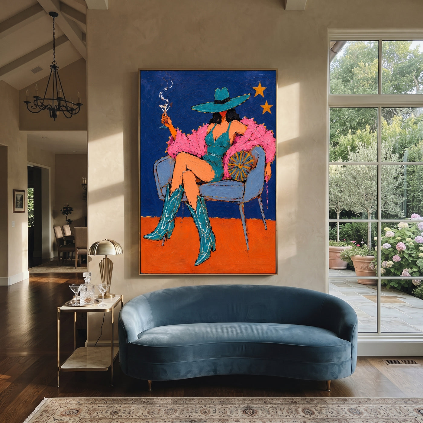 Teal Boots Light Stars - smoking cowgirl chair painting by Ethan Mercer, contemporary Western vertical wall art – styled room scene view 1