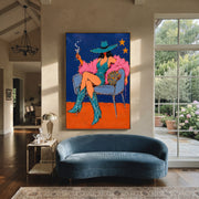 Teal Boots Light Stars - smoking cowgirl chair painting by Ethan Mercer, contemporary Western vertical wall art – styled room scene view 1