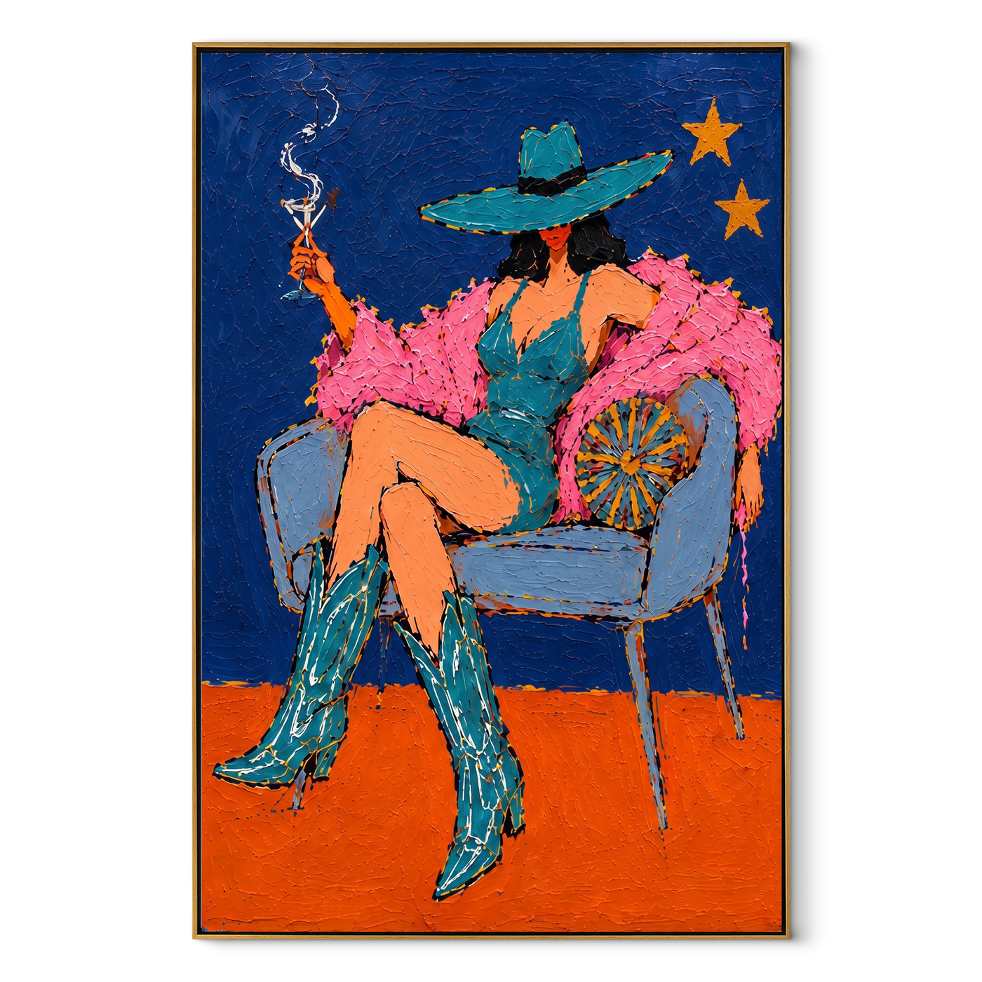 Teal Boots Light Stars - smoking cowgirl chair painting by Ethan Mercer, contemporary Western vertical wall art – wood frame on white background