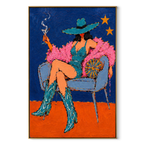 Teal Boots Light Stars - smoking cowgirl chair painting by Ethan Mercer, contemporary Western vertical wall art – wood frame on white background