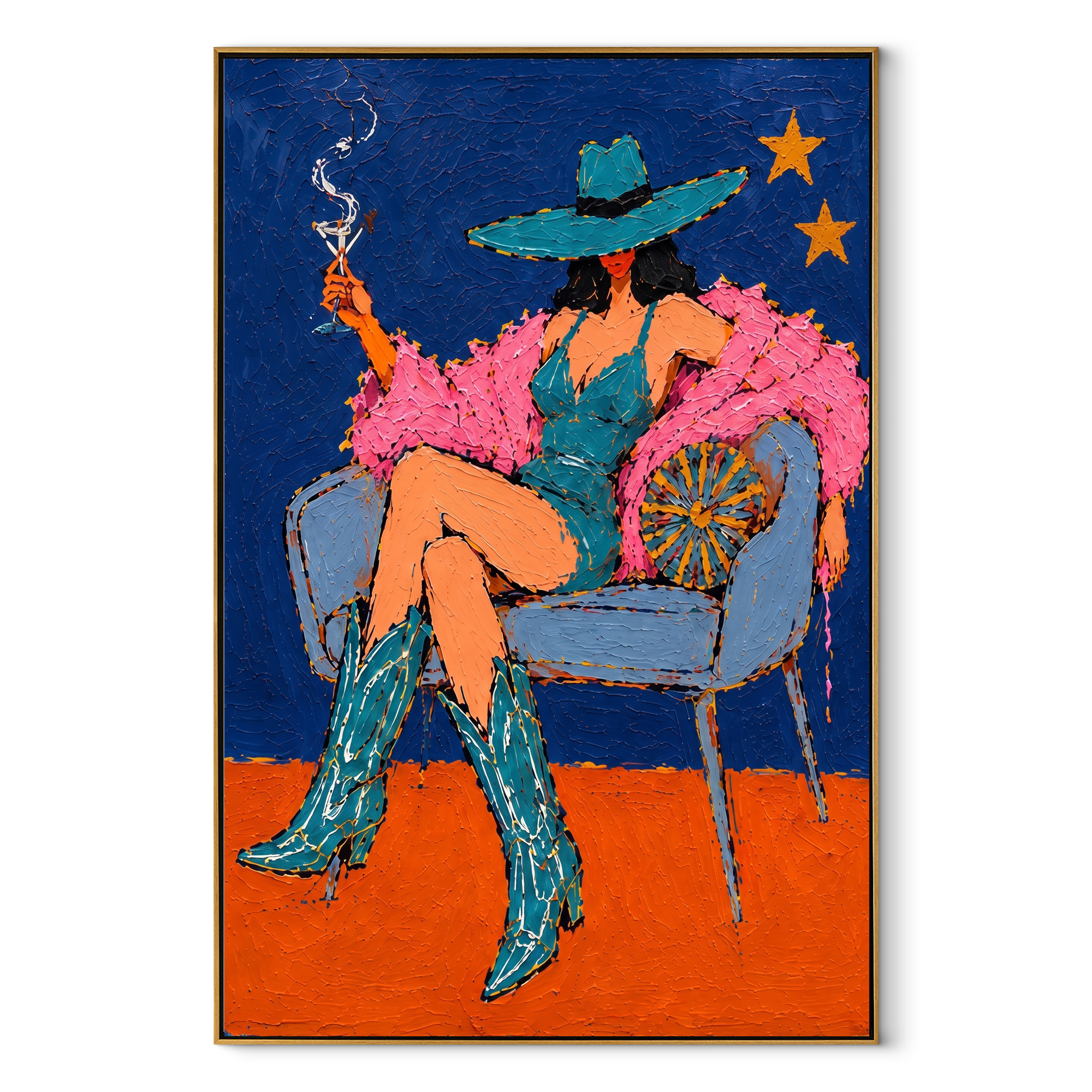 Teal Boots Light Stars - smoking cowgirl chair painting by Ethan Mercer, contemporary Western vertical wall art – wood frame on white background