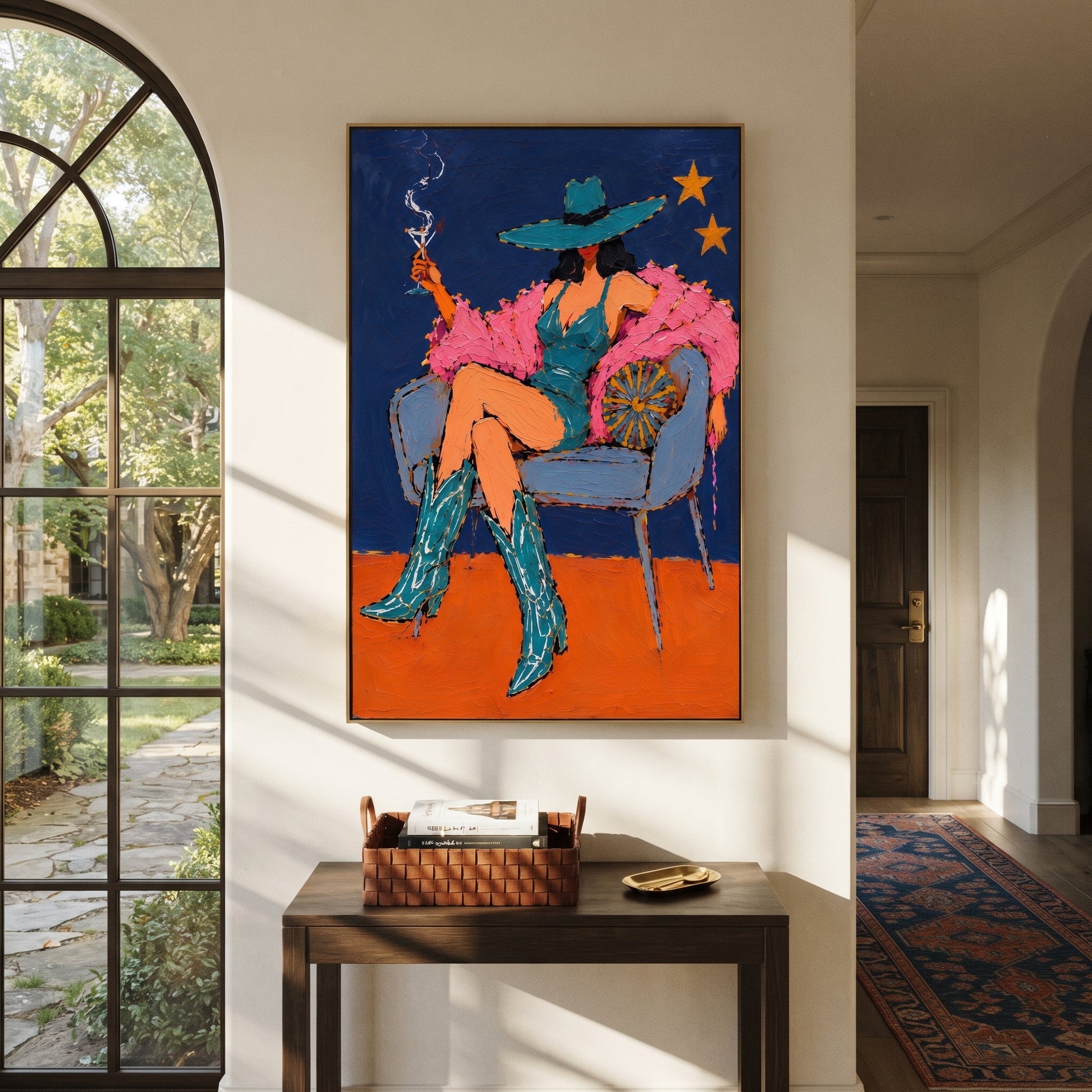 Teal Boots Light Stars - smoking cowgirl chair painting by Ethan Mercer, contemporary Western vertical wall art – styled room scene view 2