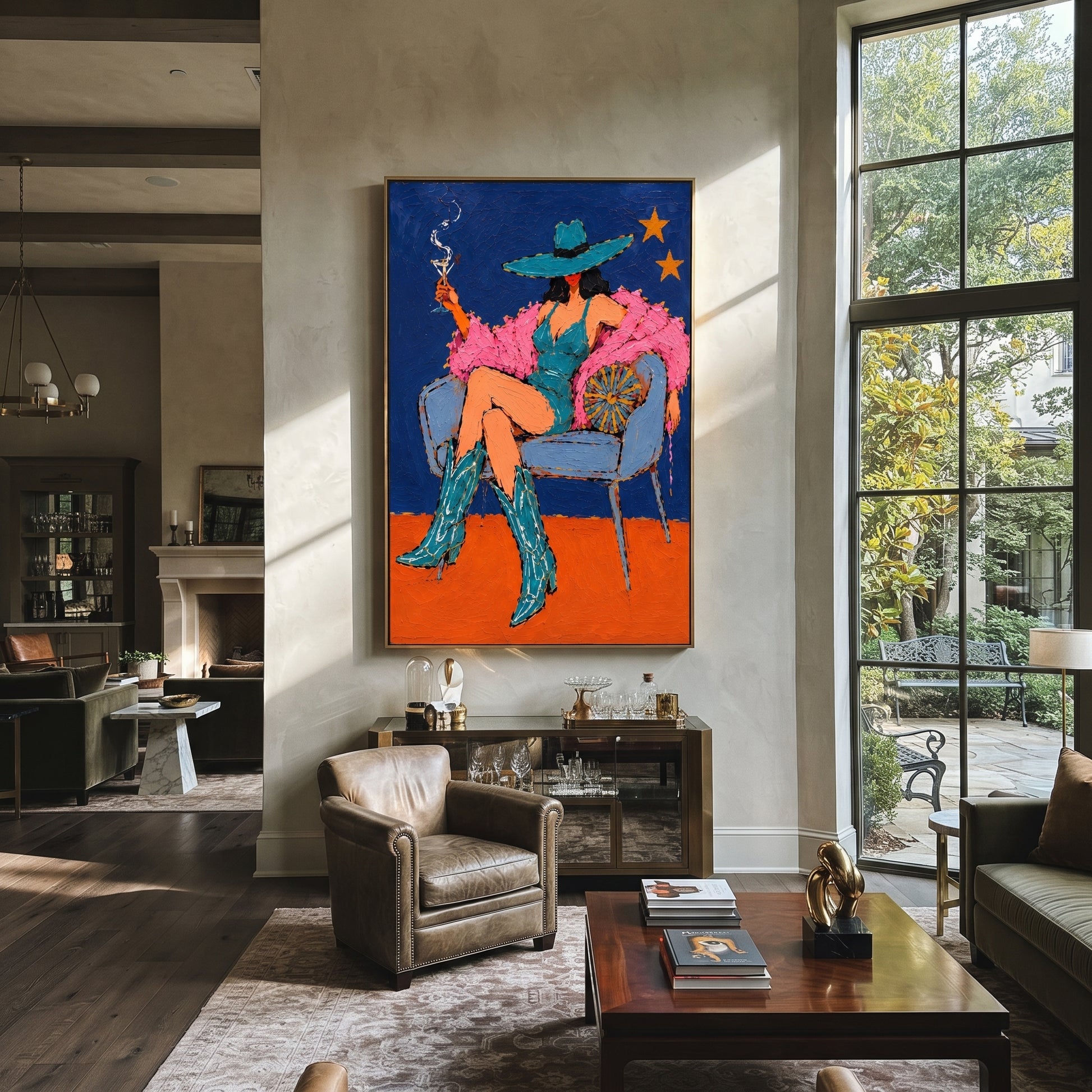 Teal Boots Light Stars - smoking cowgirl chair painting by Ethan Mercer, contemporary Western vertical wall art – styled room scene view 3