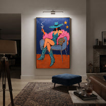 Teal Boots Light Stars - smoking cowgirl chair painting by Ethan Mercer, contemporary Western vertical wall art – styled room scene view 4