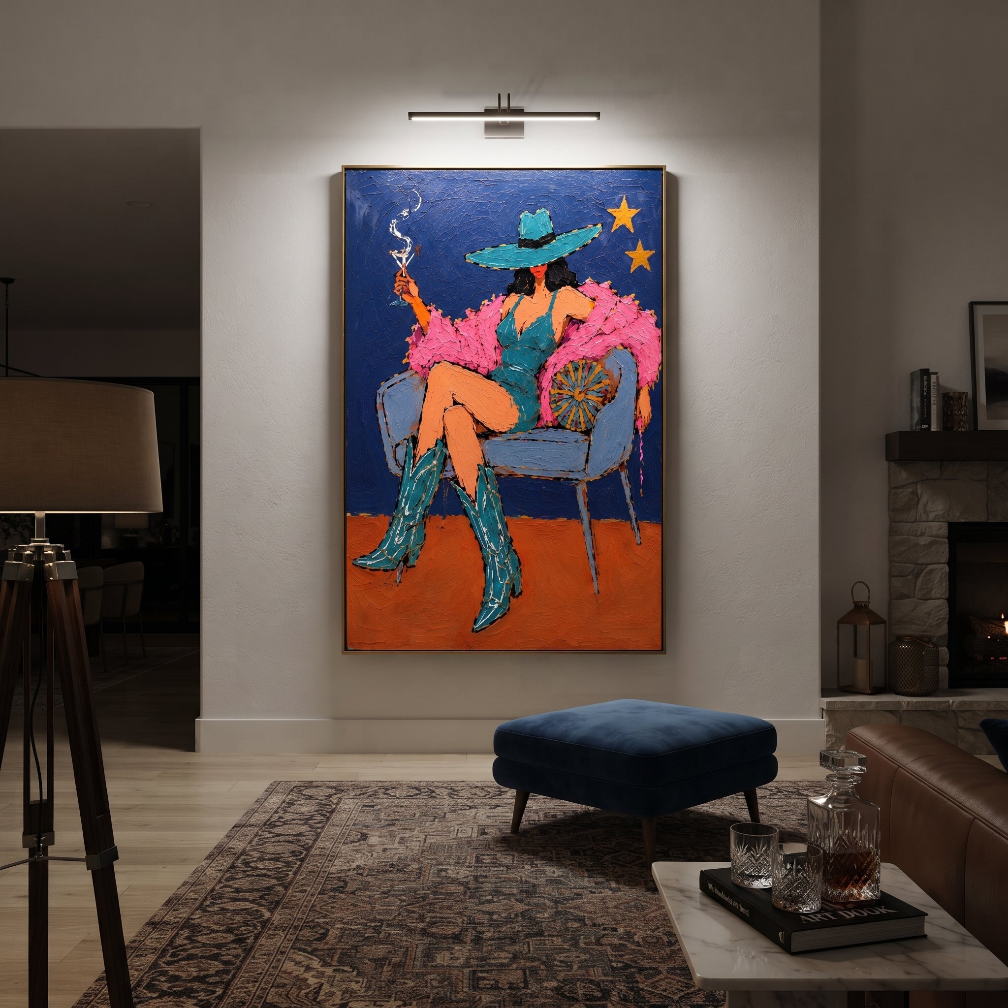 Teal Boots Light Stars - smoking cowgirl chair painting by Ethan Mercer, contemporary Western vertical wall art – styled room scene view 4