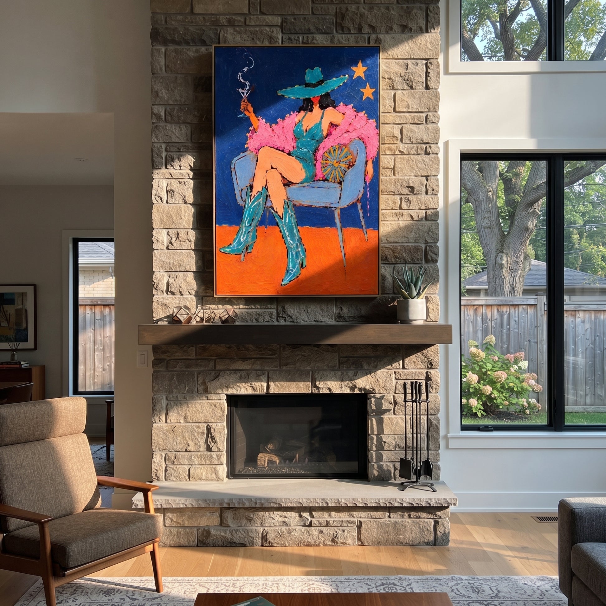 Teal Boots Light Stars - smoking cowgirl chair painting by Ethan Mercer, contemporary Western vertical wall art – styled room scene view 5