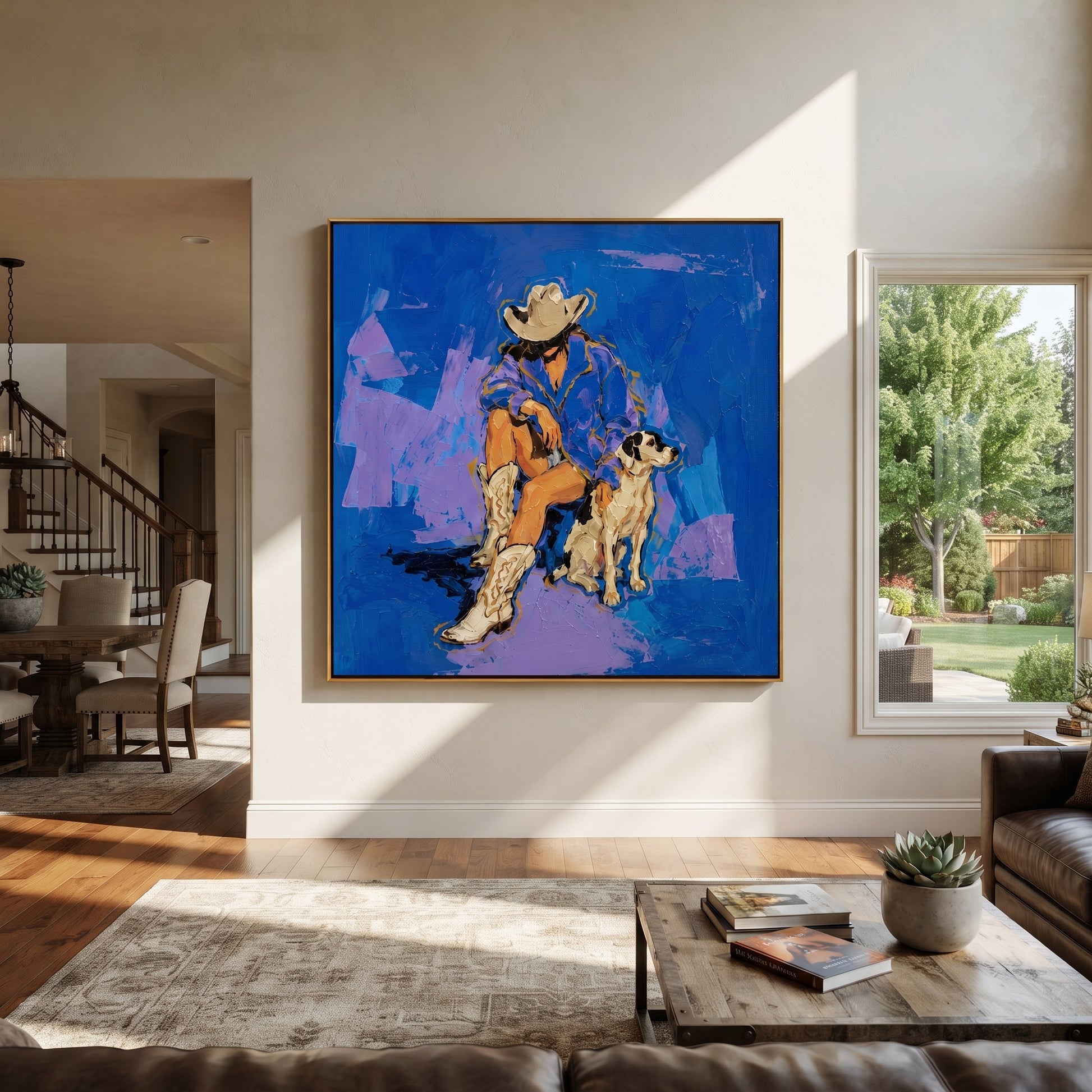 Blue Ground Holds Friendship - cowboy and dog painting by Ethan Mercer, contemporary Western square wall art – styled room scene view 1