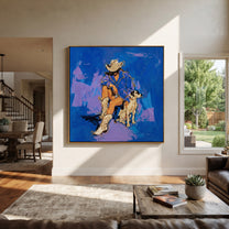 Blue Ground Holds Friendship - cowboy and dog painting by Ethan Mercer, contemporary Western square wall art – styled room scene view 1