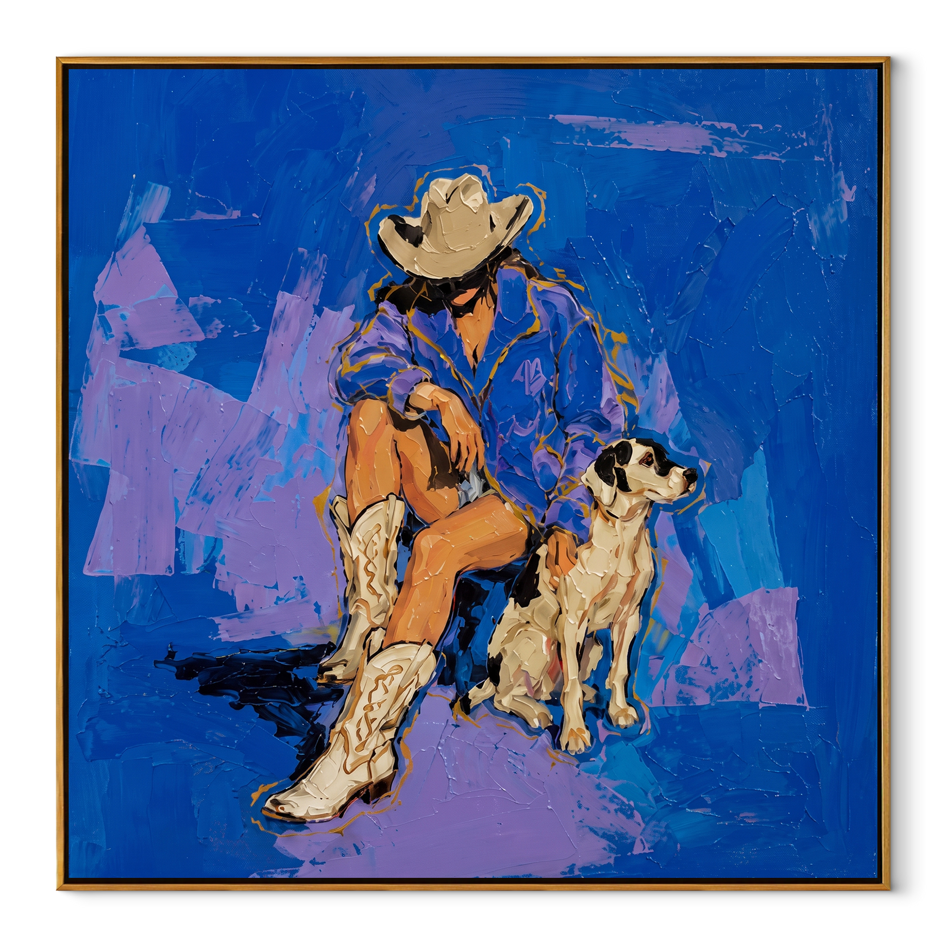 Blue Ground Holds Friendship - cowboy and dog painting by Ethan Mercer, contemporary Western square wall art – wood frame on white background