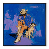 Blue Ground Holds Friendship - cowboy and dog painting by Ethan Mercer, contemporary Western square wall art – wood frame on white background