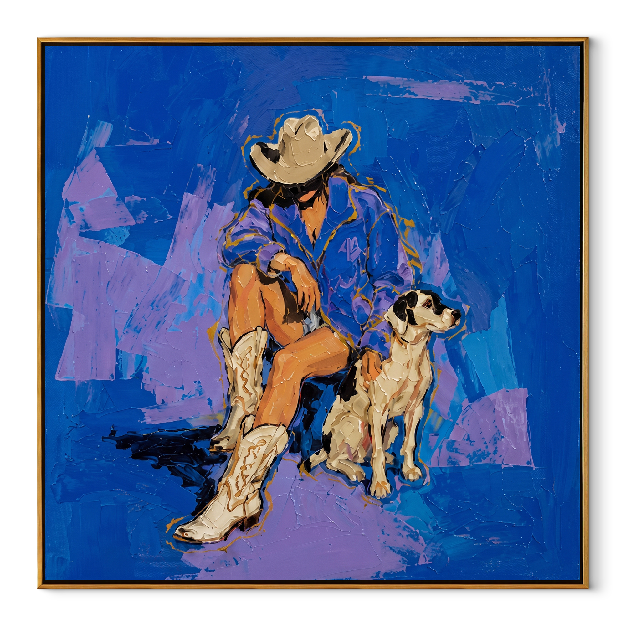 Blue Ground Holds Friendship - cowboy and dog painting by Ethan Mercer, contemporary Western square wall art – wood frame on white background