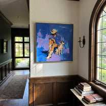 Blue Ground Holds Friendship - cowboy and dog painting by Ethan Mercer, contemporary Western square wall art – styled room scene view 2