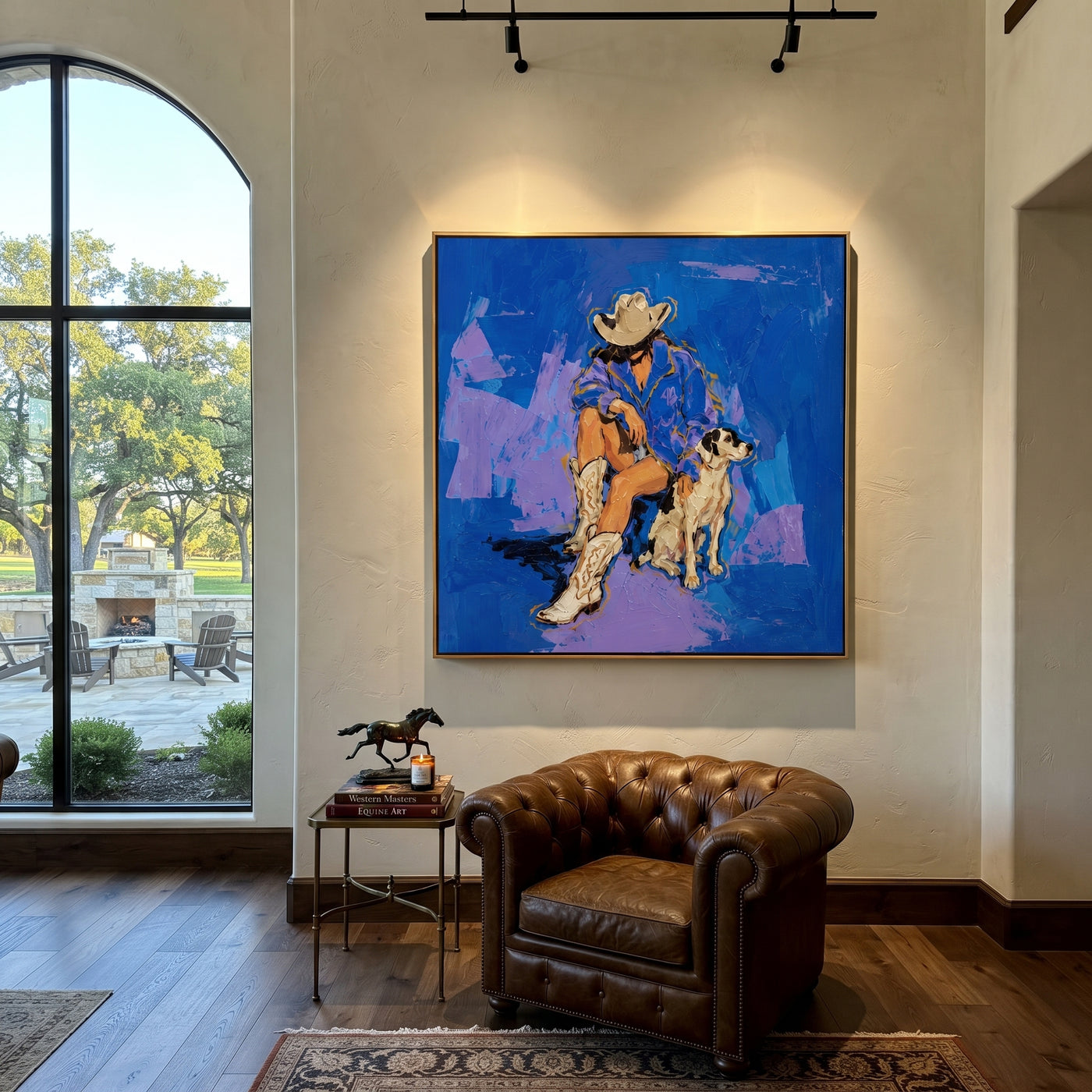 Blue Ground Holds Friendship - cowboy and dog painting by Ethan Mercer, contemporary Western square wall art – styled room scene view 3