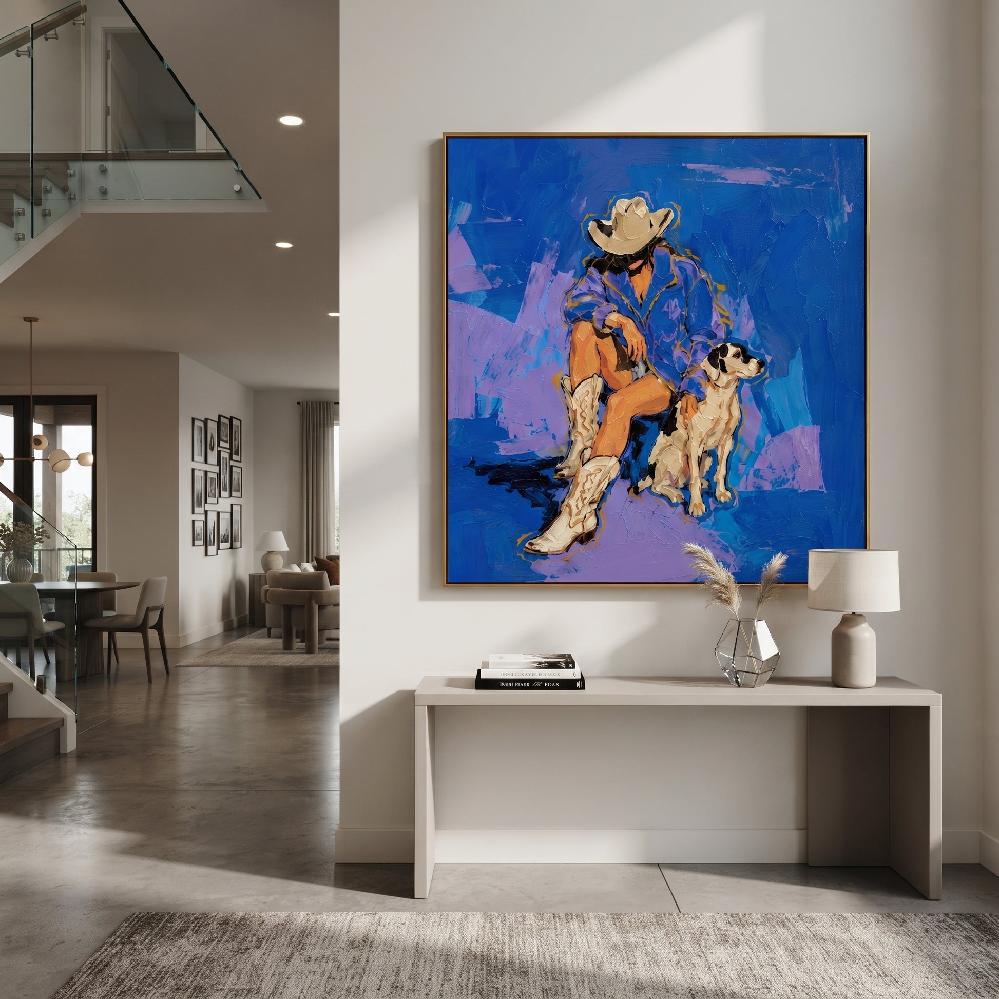 Blue Ground Holds Friendship - cowboy and dog painting by Ethan Mercer, contemporary Western square wall art – styled room scene view 4