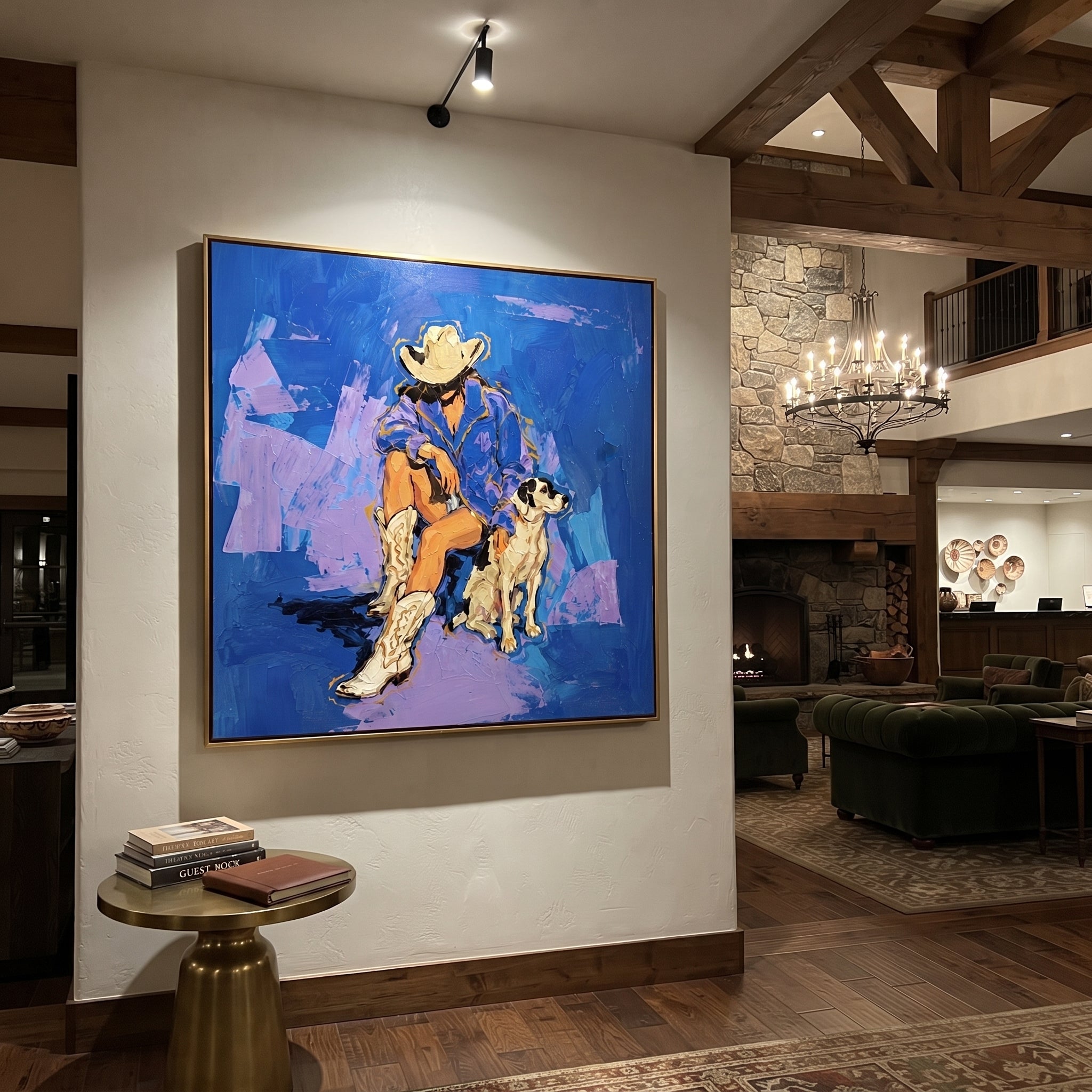Blue Ground Holds Friendship - cowboy and dog painting by Ethan Mercer, contemporary Western square wall art – styled room scene view 5