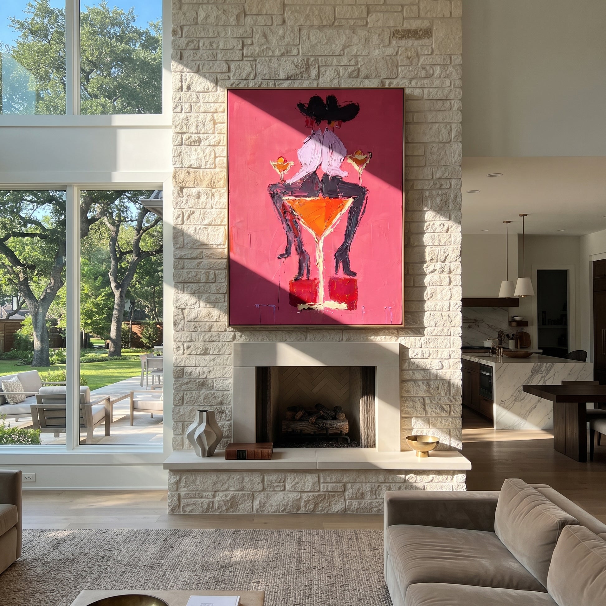 Two Hats Share Glass - two cowgirls martini painting by Ethan Mercer, contemporary Western vertical wall art – styled room scene view 1