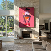 Two Hats Share Glass - two cowgirls martini painting by Ethan Mercer, contemporary Western vertical wall art – styled room scene view 1