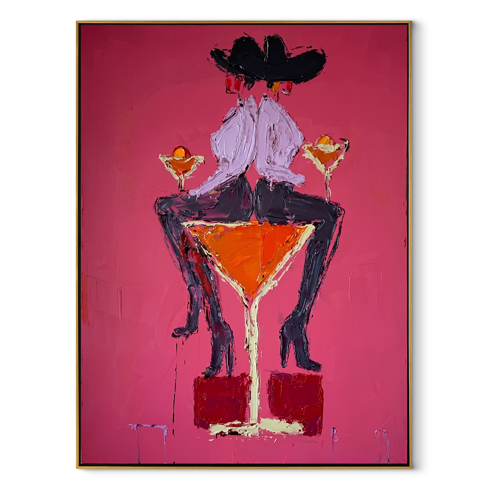Two Hats Share Glass - two cowgirls martini painting by Ethan Mercer, contemporary Western vertical wall art – wood frame on white background