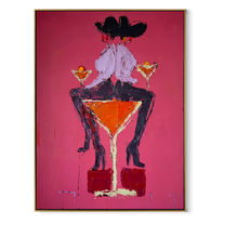 Two Hats Share Glass - two cowgirls martini painting by Ethan Mercer, contemporary Western vertical wall art – wood frame on white background