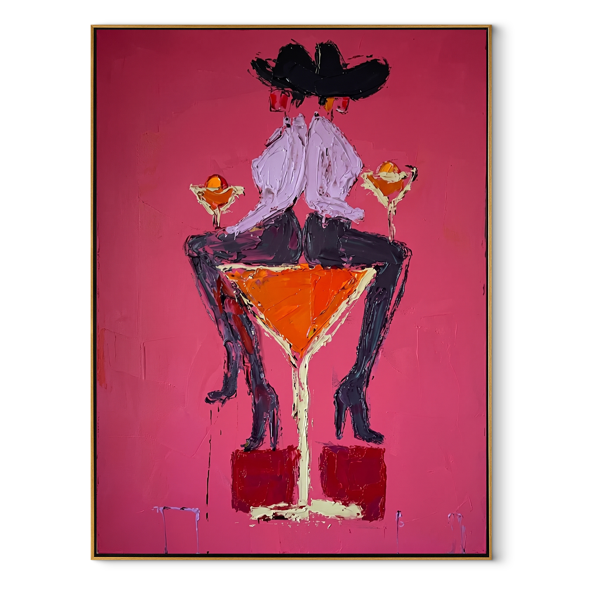 Two Hats Share Glass - two cowgirls martini painting by Ethan Mercer, contemporary Western vertical wall art – wood frame on white background