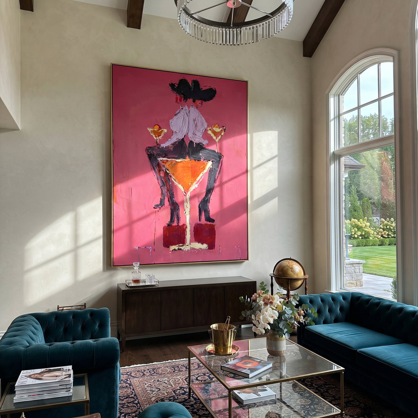 Two Hats Share Glass - two cowgirls martini painting by Ethan Mercer, contemporary Western vertical wall art – styled room scene view 2