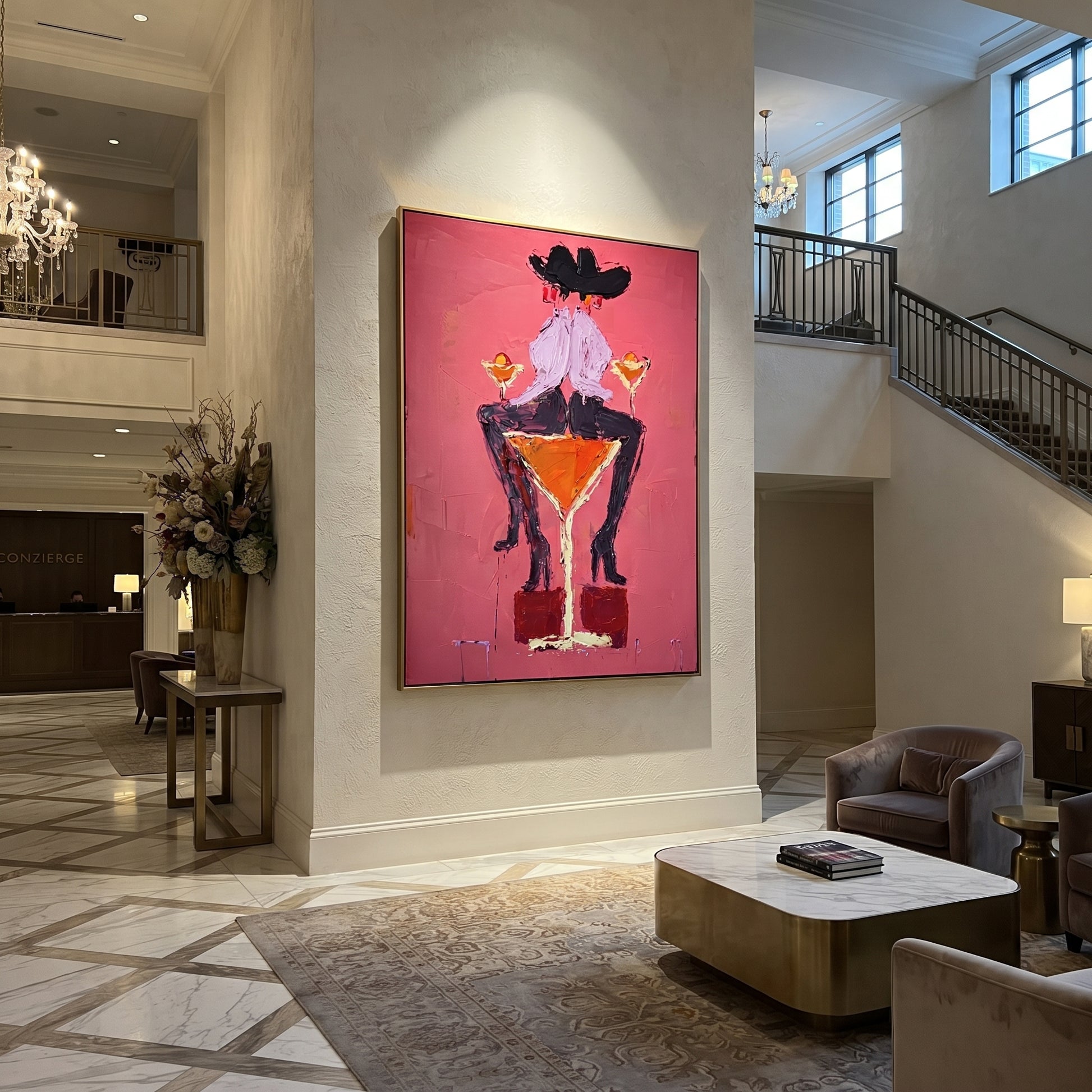 Two Hats Share Glass - two cowgirls martini painting by Ethan Mercer, contemporary Western vertical wall art – styled room scene view 3