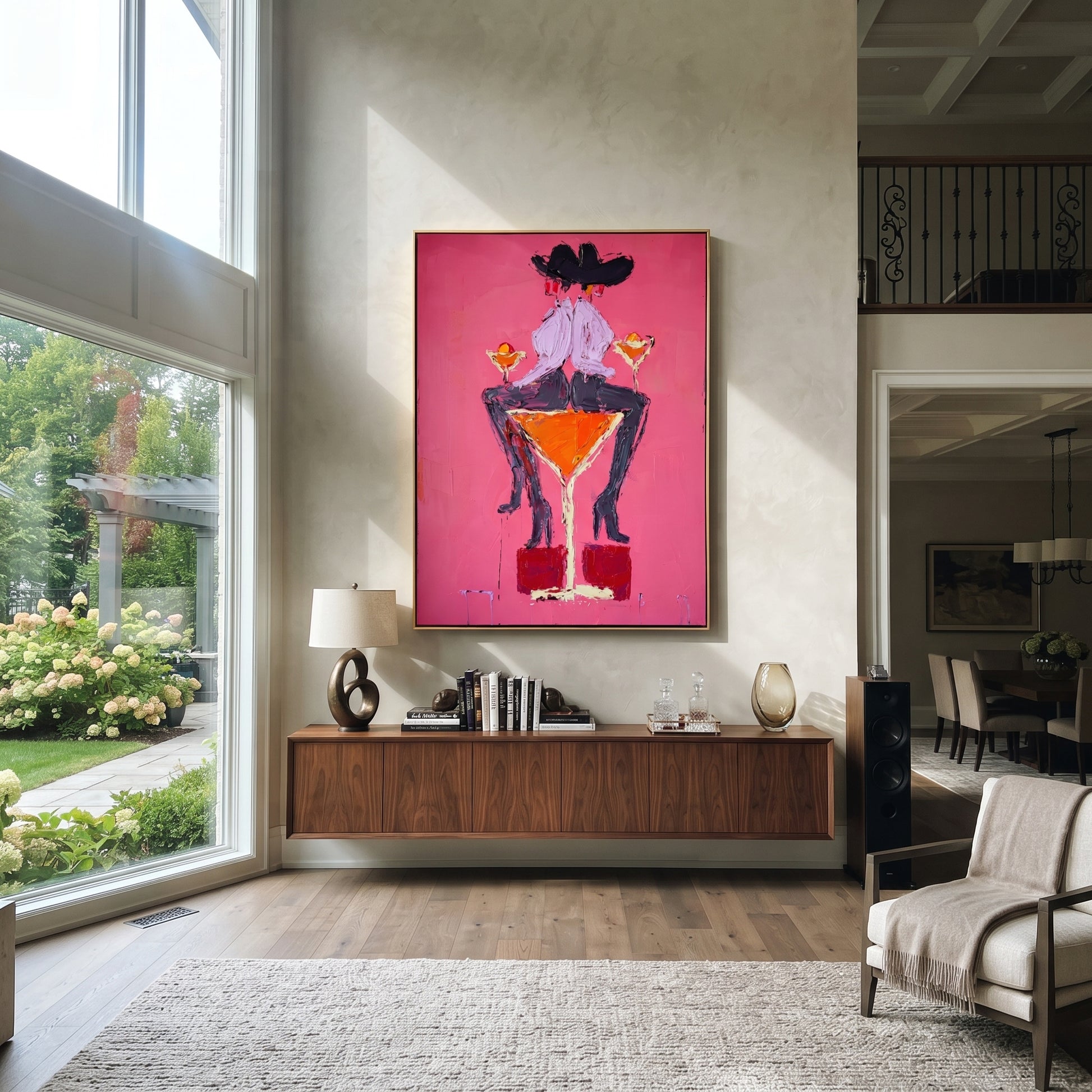 Two Hats Share Glass - two cowgirls martini painting by Ethan Mercer, contemporary Western vertical wall art – styled room scene view 5