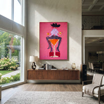 Two Hats Share Glass - two cowgirls martini painting by Ethan Mercer, contemporary Western vertical wall art – styled room scene view 5