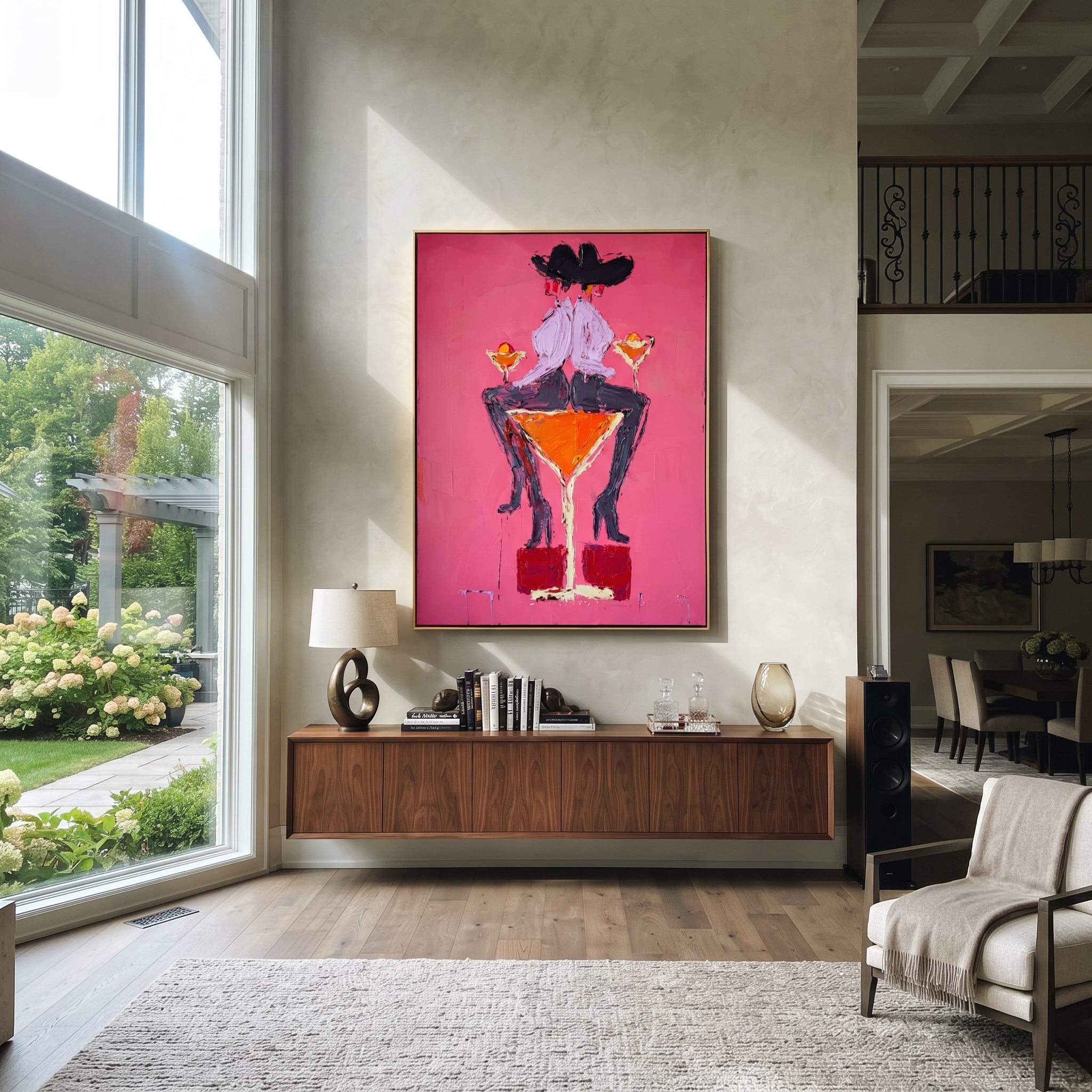 Two Hats Share Glass - two cowgirls martini painting by Ethan Mercer, contemporary Western vertical wall art – styled room scene view 5