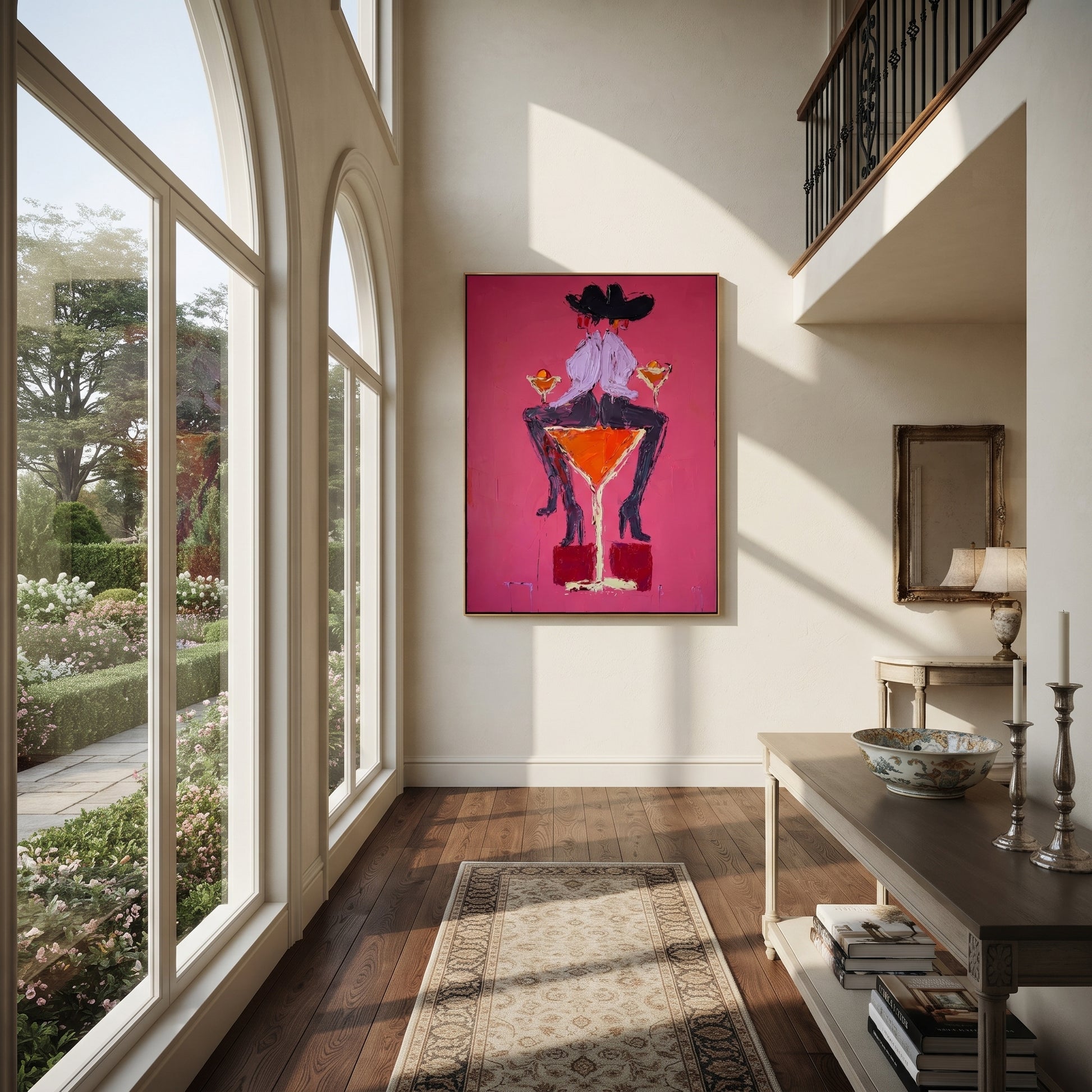 Two Hats Share Glass - two cowgirls martini painting by Ethan Mercer, contemporary Western vertical wall art – styled room scene view 6