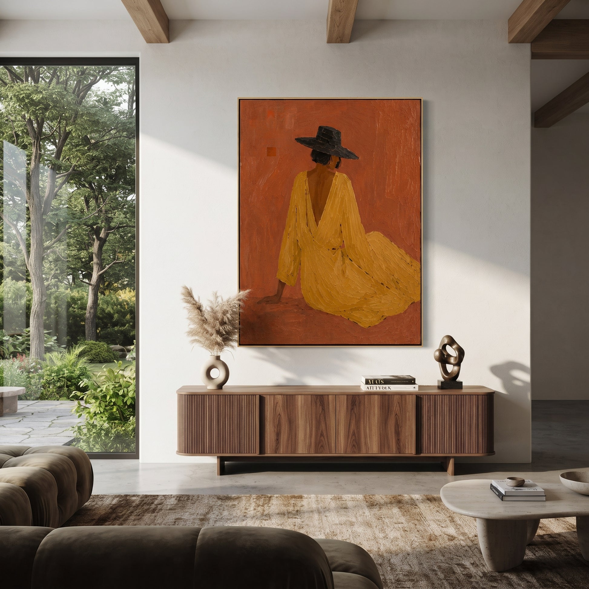Mustard Dress Rests Low - seated cowgirl dress painting by Ethan Mercer, contemporary Western vertical wall art – styled room scene view 1