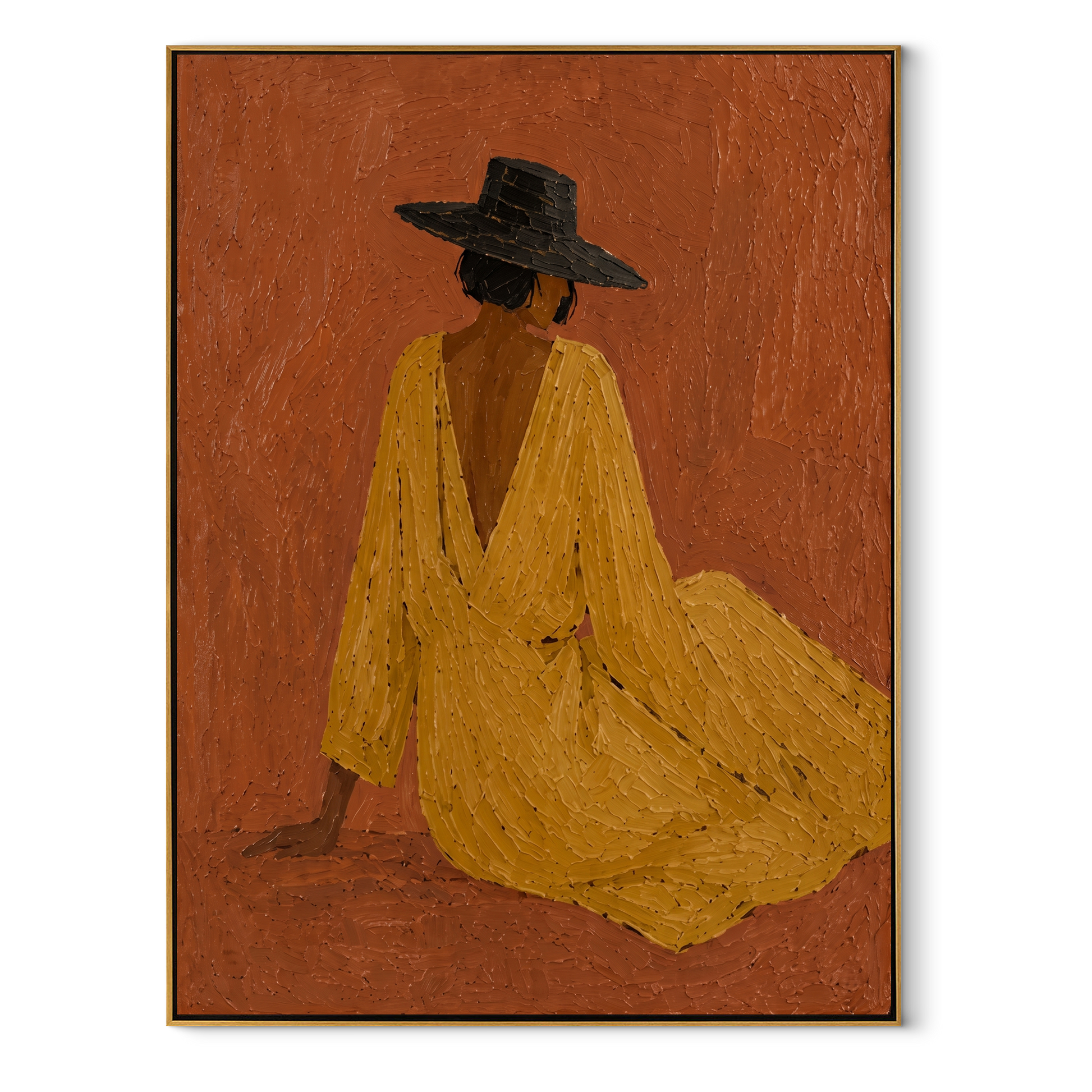 Mustard Dress Rests Low - seated cowgirl dress painting by Ethan Mercer, contemporary Western vertical wall art – wood frame on white background