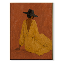 Mustard Dress Rests Low - seated cowgirl dress painting by Ethan Mercer, contemporary Western vertical wall art – wood frame on white background
