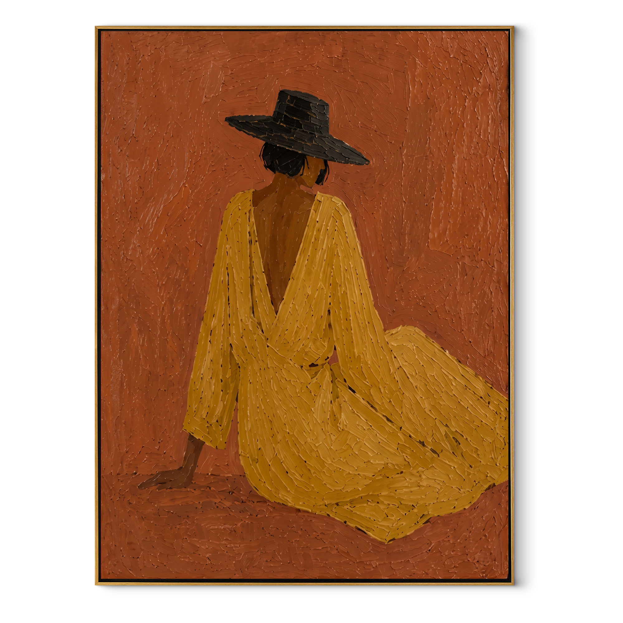 Mustard Dress Rests Low - seated cowgirl dress painting by Ethan Mercer, contemporary Western vertical wall art – wood frame on white background