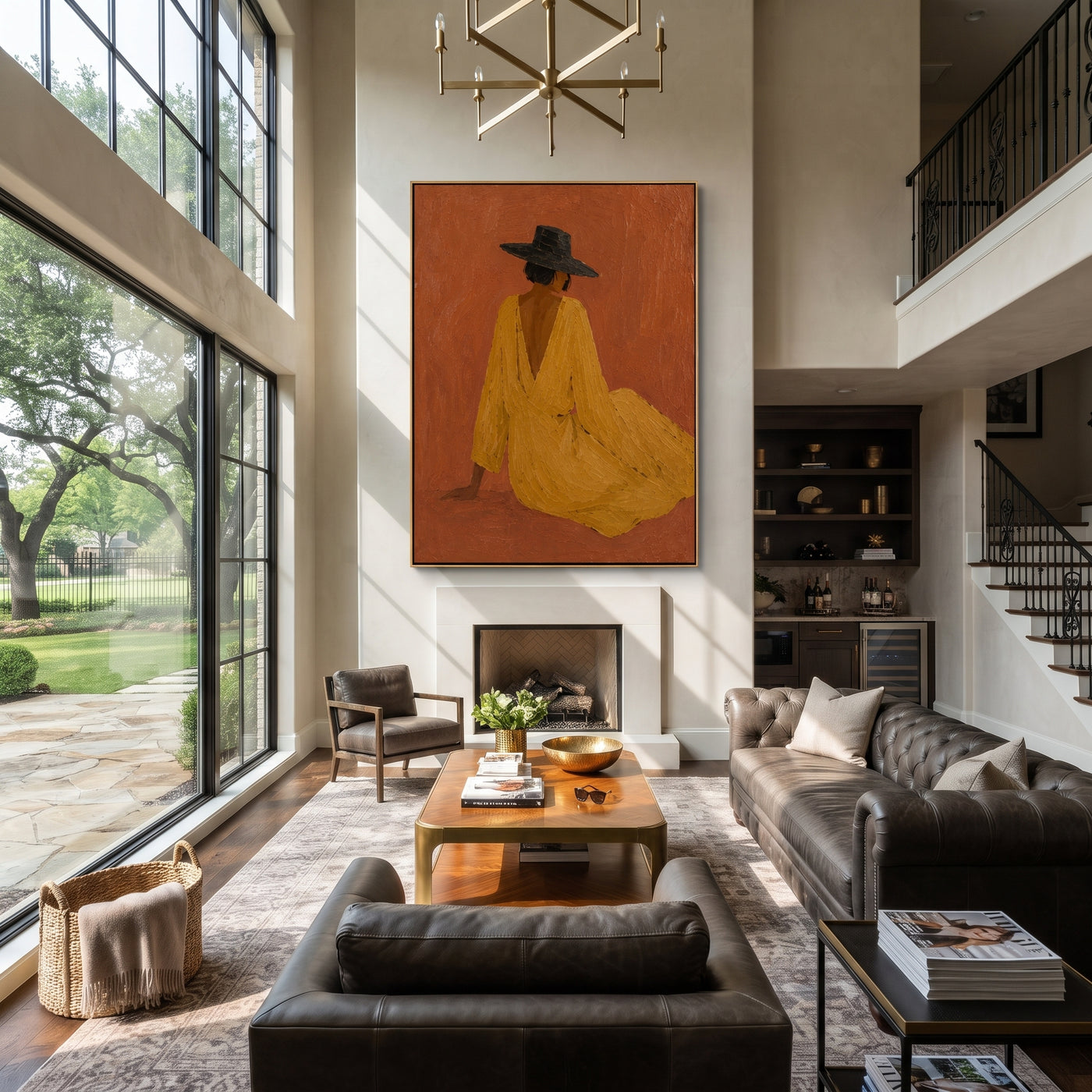 Mustard Dress Rests Low - seated cowgirl dress painting by Ethan Mercer, contemporary Western vertical wall art – styled room scene view 2